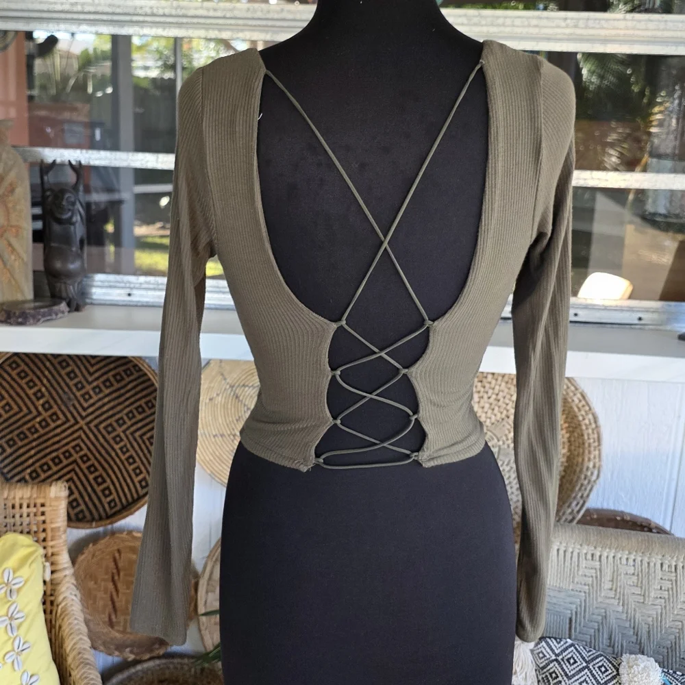 Garage Medium Balletcore Tee Olive Long Sleeve Top Lace-Up Open Back